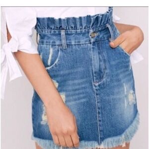 NWT Hayden Denim Jean Skirt‎ Paperbag Ruffle Waist Sz L Distressed Pockets Mini